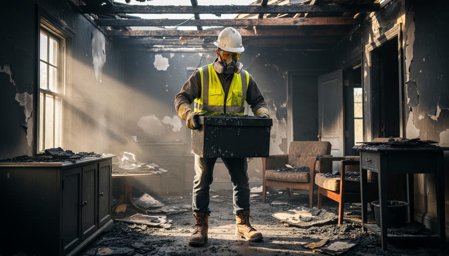 Moving professional wearing safety equipment including respirator and protective gloves