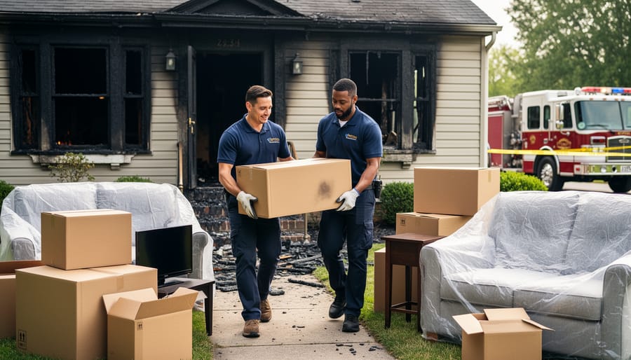 Professional mover carefully packing belongings in a fire-damaged home