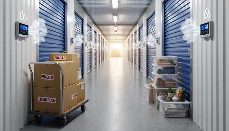Organized storage unit with moving boxes and furniture