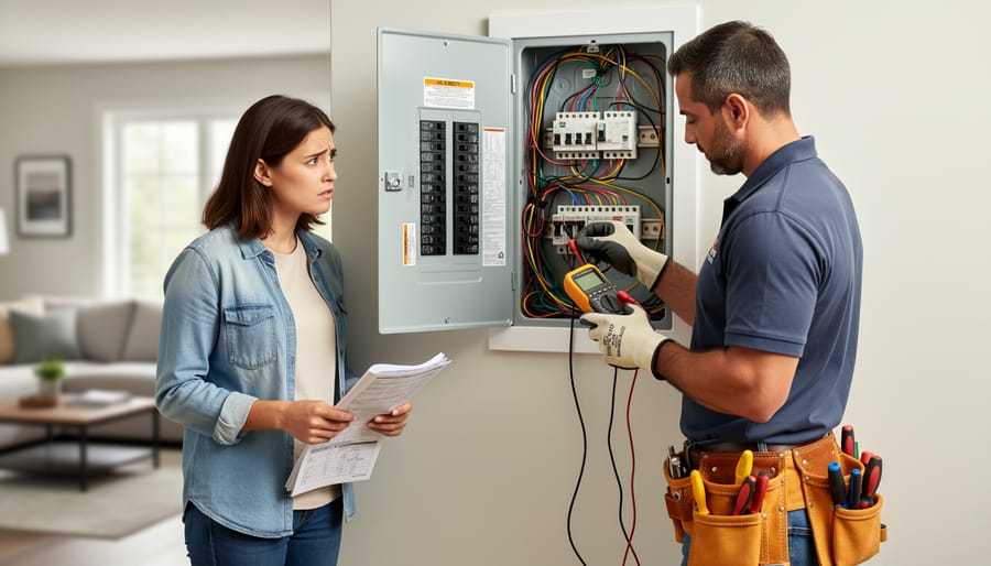 Flashlight illuminating the interior of an electrical panel in a home hallway.