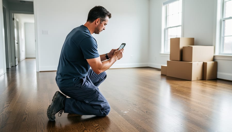 Person taking a close-up photo of floor scuff marks with a smartphone before moving out.