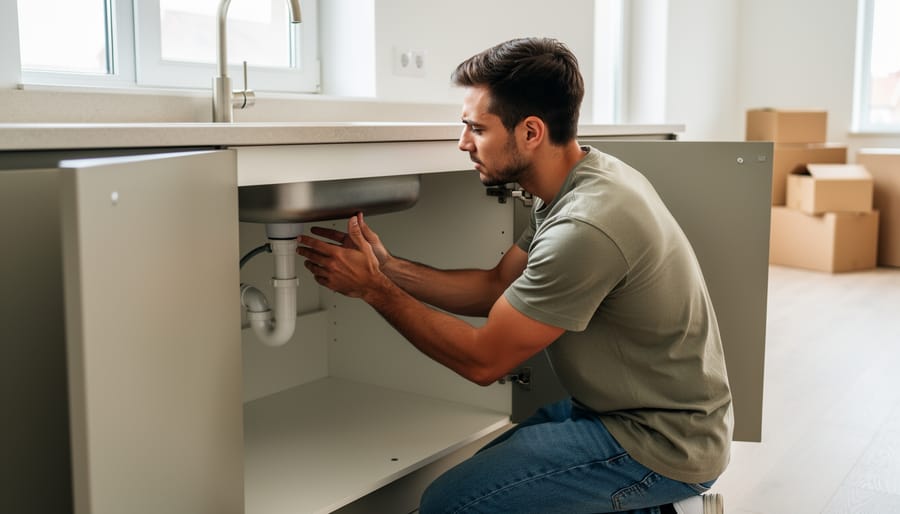 Kneeling person checking under a kitchen sink cabinet for signs of moisture.